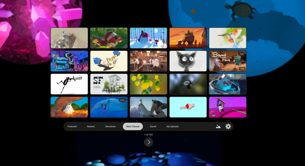 Der Screenshot zeigt die Startansicht der VR-App "Theater Elsewhere" bei der ersten Nutzung. Im Vordergrund befindet sich ein intuitives Navigationsmenü mit Kategorien wie "Featured", "Neueste Kreationen" und "Meistgesehen", die es ermöglichen, aus über 2.400 begehbaren VR-Erfahrungen, immersiven Filmen und 3D-Kunstwerken auszuwählen.