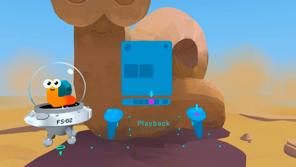 Startansicht der VR-App Theater Elsewhere mit einer Cartoon-Schnecke in einem Raumschiff, einem schwebenden Bedienfeld und einer Wüstenlandschaft im Hintergrund.